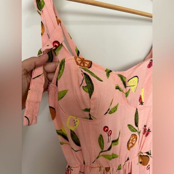 Lauren Conrad Linen Dress Fruits Print Corset Cups Midi Dress - Picture 7 of 16